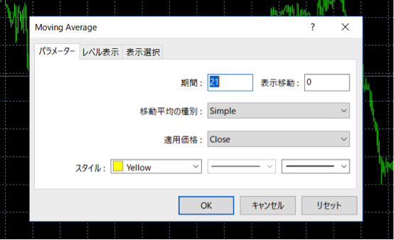 移動平均線のパラメーターの設定画面