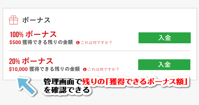 残りの獲得可能ボーナスを確認できる