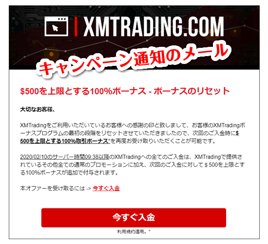 入金ボーナスキャンペーンのメール通知