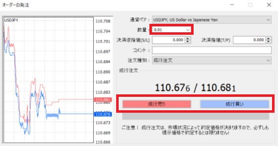 MT4新規の成り行き注文画面