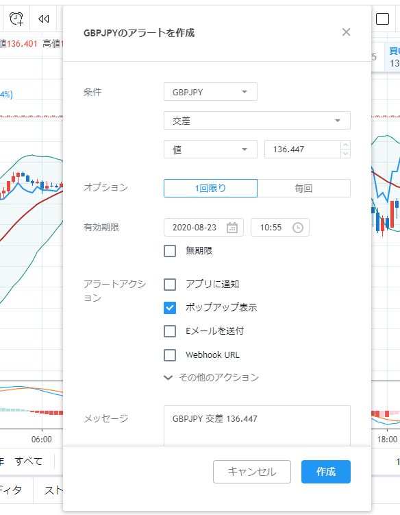 Tradingviewアラート設定