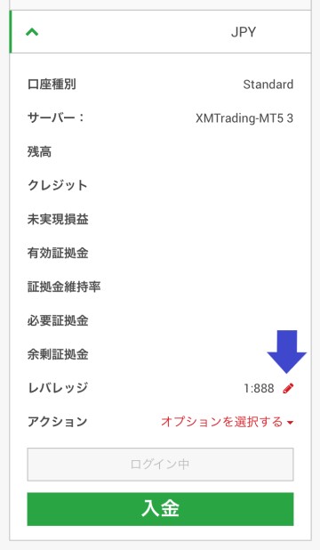 XMスマホ版のレバレッジ確認画面