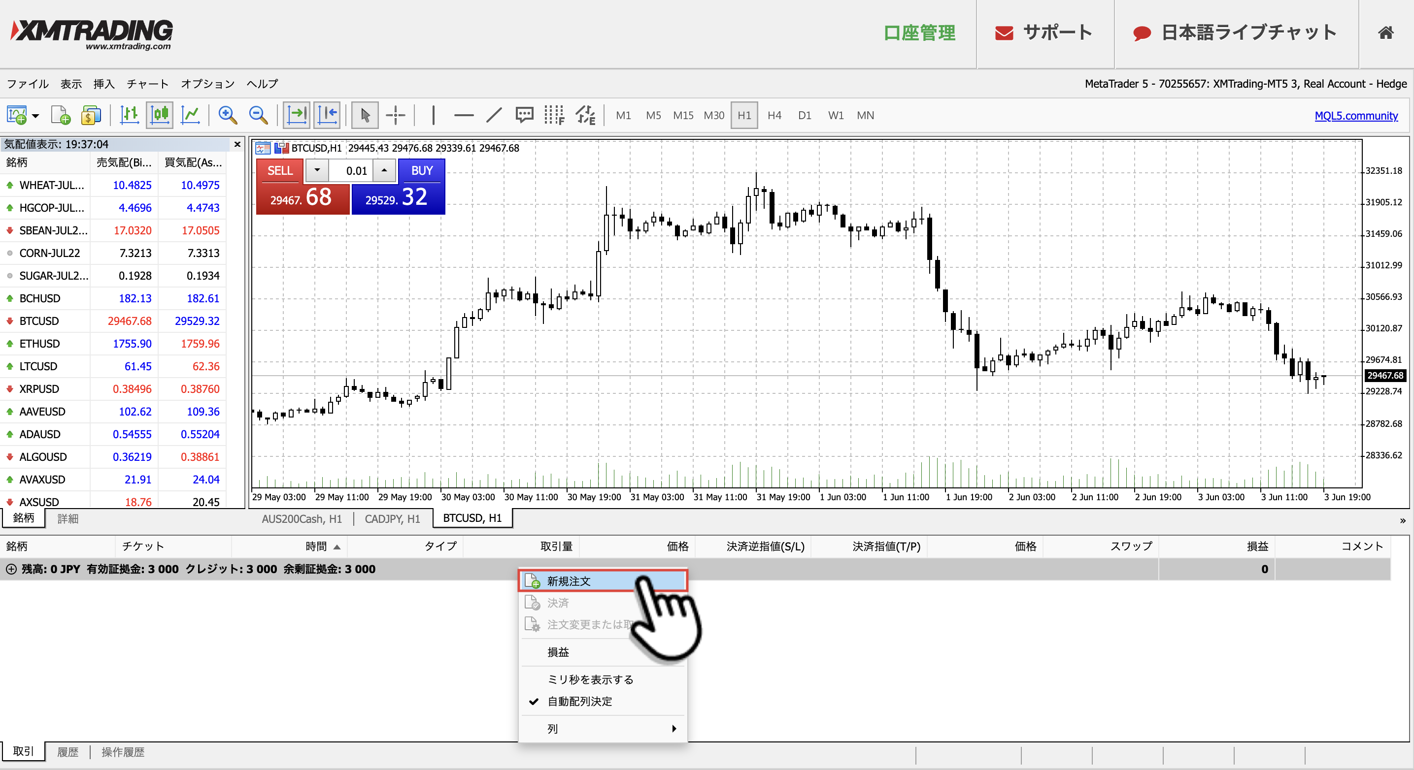 通貨ペアの上で「新規注文」