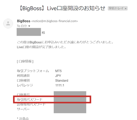 BigBoss（ビッグボス）のメールに記載された取引用パスワード