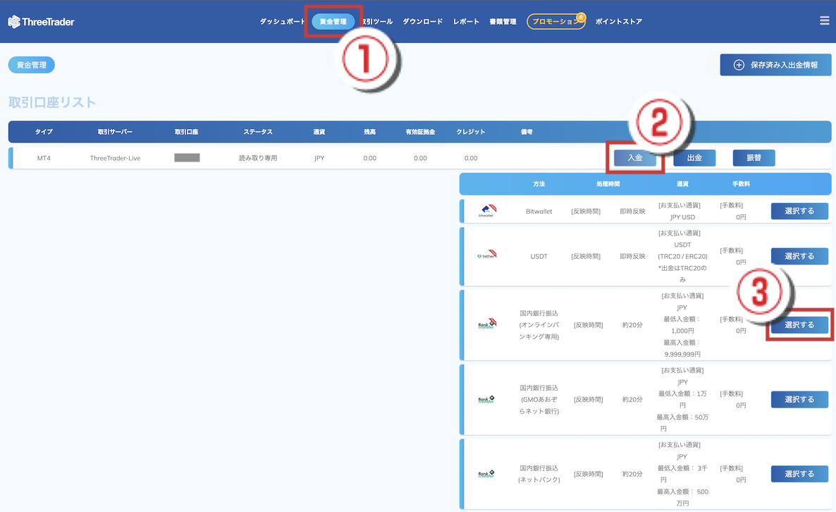 ThreeTrader（スリートレーダー）の会員ページから資金を入金