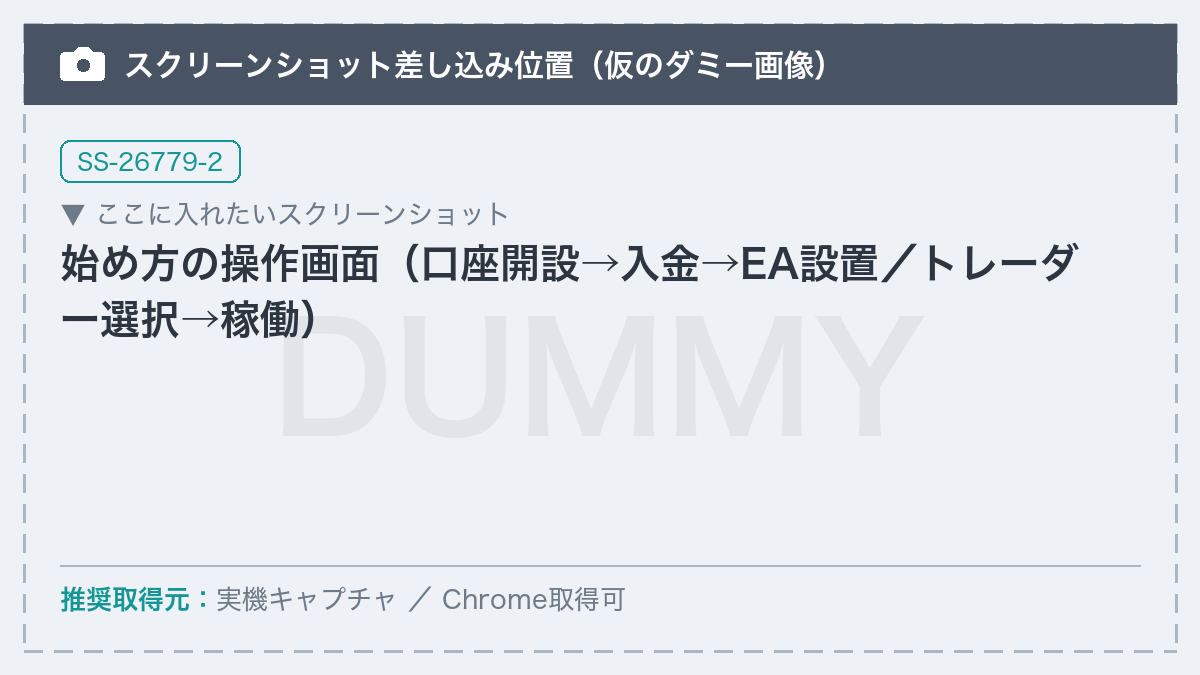 【差し替え予定】始め方の操作画面(口座開設→入金→EA設置/トレーダー選択→稼働)