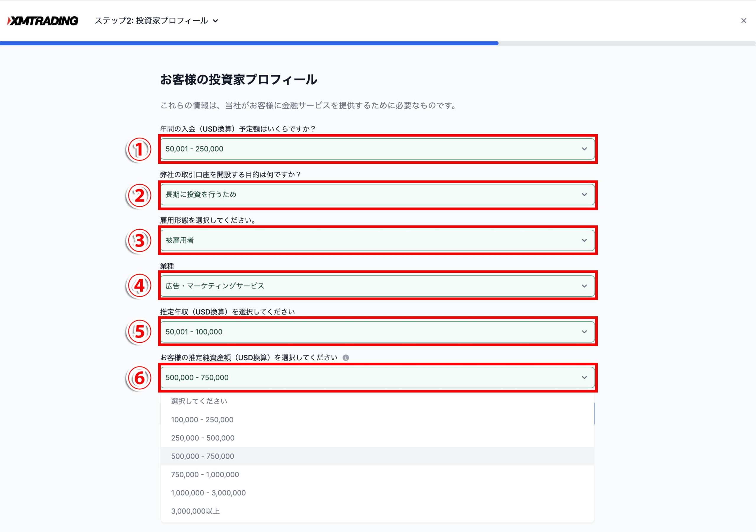投資家プロフィール入力画面