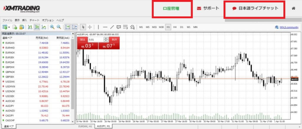 XMのウェブトレーダー取引画面