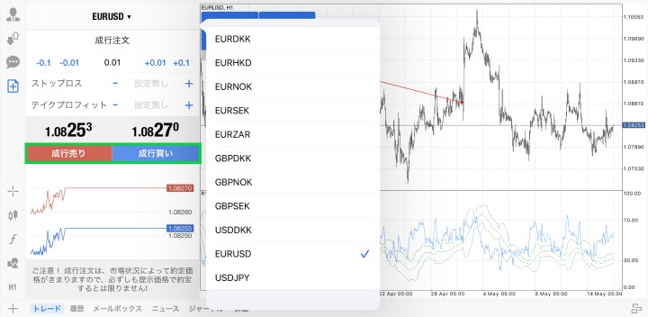 MT4アプリ成行注文画面