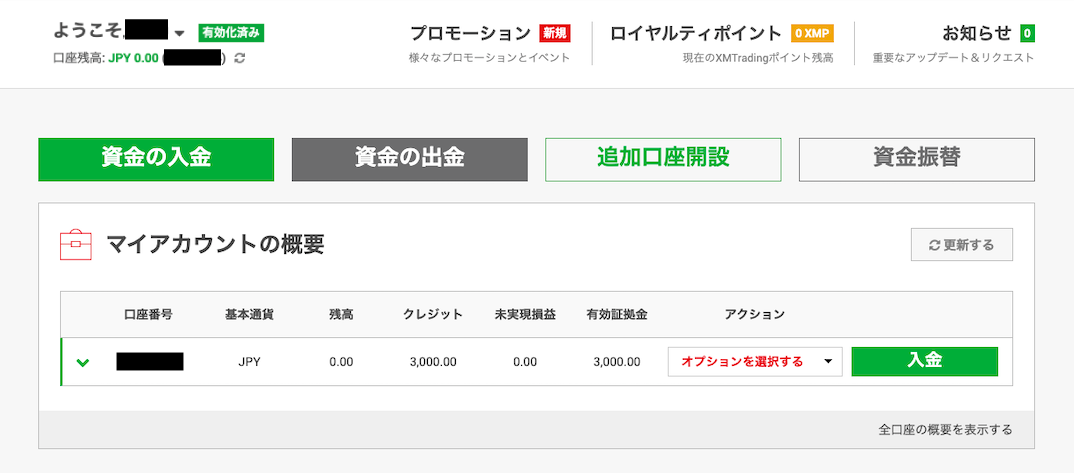 口座開設ボーナス獲得後のトップページ